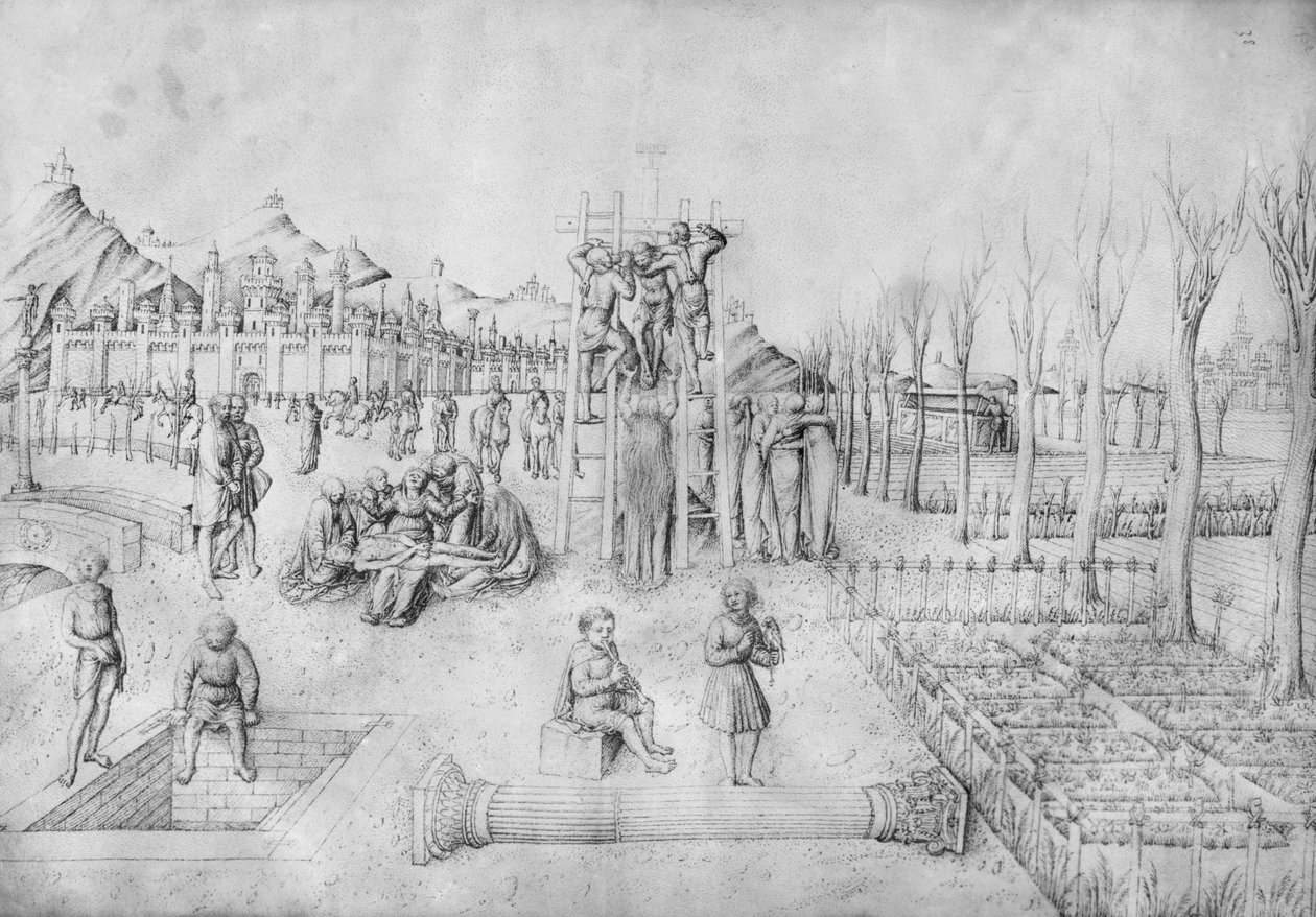 Leszállás a keresztről és Krisztus siralma egy tájban, Jacopo Bellini rajzalbumából (toll és tinta pergamen) alkotó: Jacopo Bellini