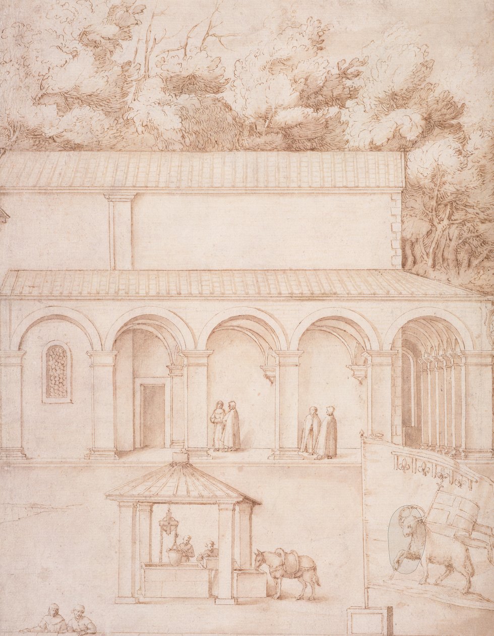 PD.54-1997 Kilátás a La Verna-i kolostorra, az udvarra és a kútra, c.1607-12 (mosás, toll és tinta papíron) alkotó: Jacopo Ligozzi
