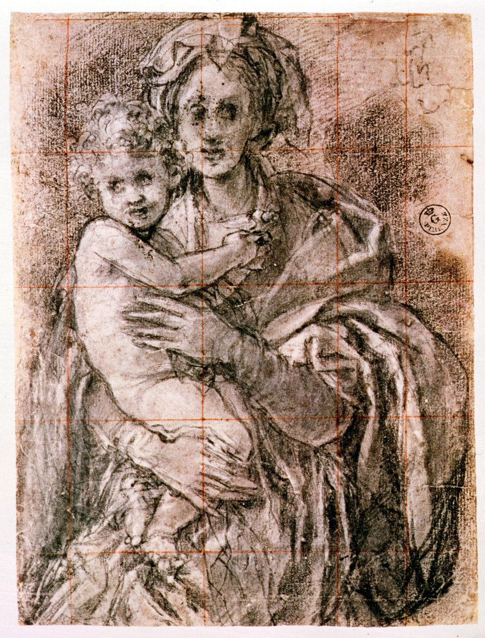 Tanulmány a Szűzről és a gyermekről Szent Józseffel és Keresztelő Jánossal, 1521-27 (fekete kréta papíron) (lásd még: 226976) alkotó: Jacopo Pontormo