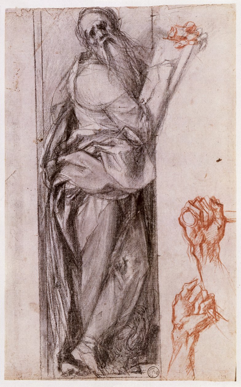 Evangélista Szent János tanulmánya és két ököl tanulmány (fekete és vörös kréta) alkotó: Jacopo Pontormo
