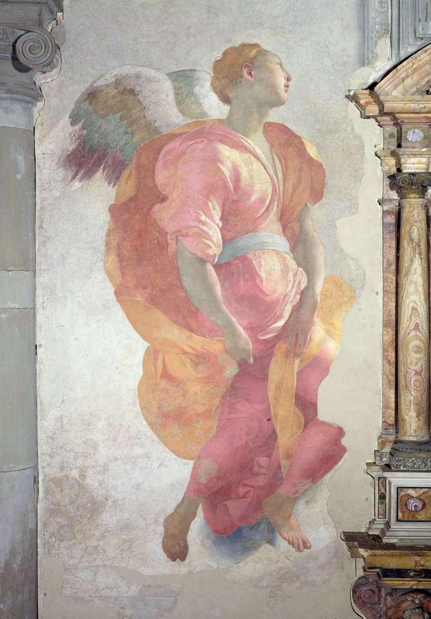 Látogatás, angyal részlete az oltár bal oldalán, 1528-30 freskó alkotó: Jacopo Pontormo