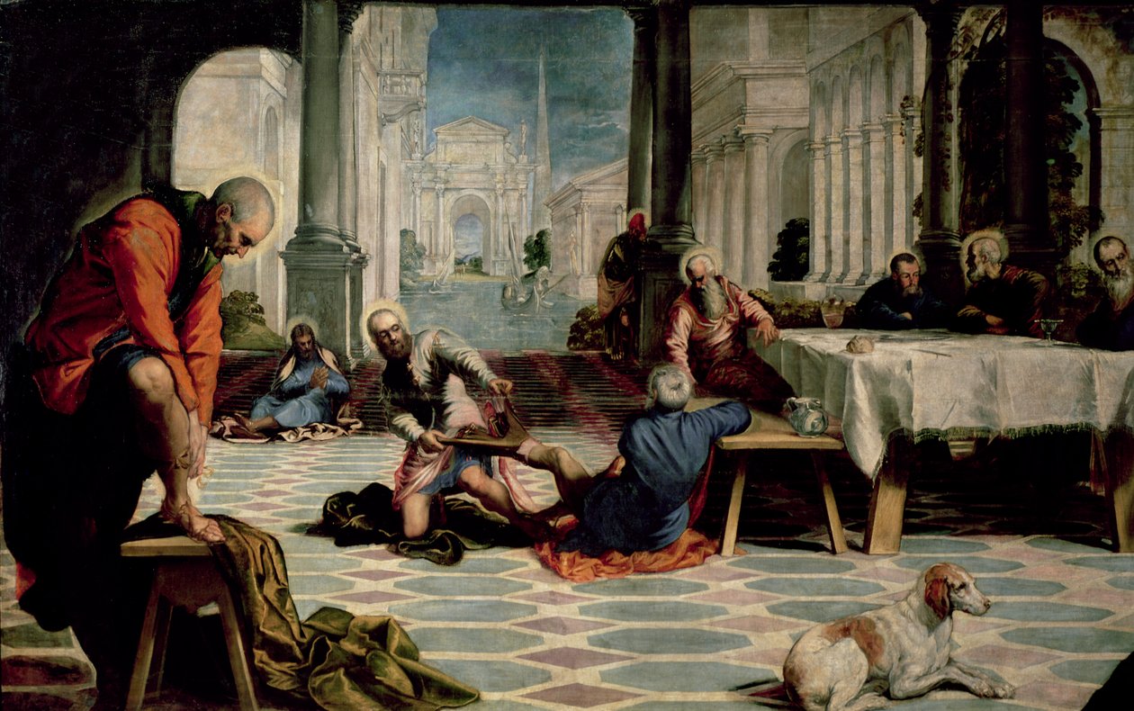 Krisztus a tanítványok lábát mosva, részlet a bal oldalról, 1547 körül alkotó: Jacopo Robusti Tintoretto