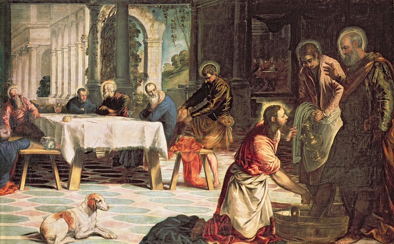 Krisztus a tanítványok lábát mosva, a jobb oldal részlete, 1547 körül alkotó: Jacopo Robusti Tintoretto