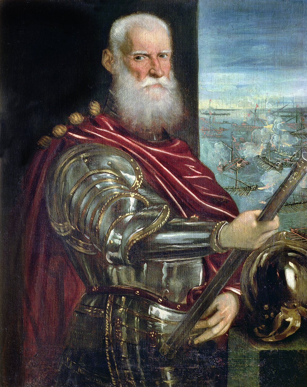 Sebastiano Vernier (†1578) portréja, a velencei erők főparancsnoka az Oszmán Birodalom elleni háborúban, háttérben a lepantói csatával, 1571 körül alkotó: Jacopo Robusti Tintoretto