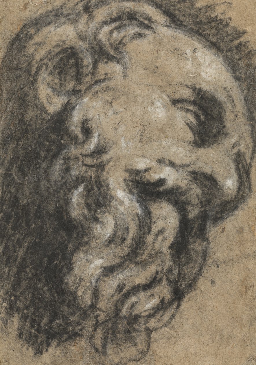 Tanulmány Michelangelos Saint Damian után, c. 1545 és 1550 között (fekete kréta, bézs papíron fehérrel kiemelve) alkotó: Jacopo Robusti Tintoretto