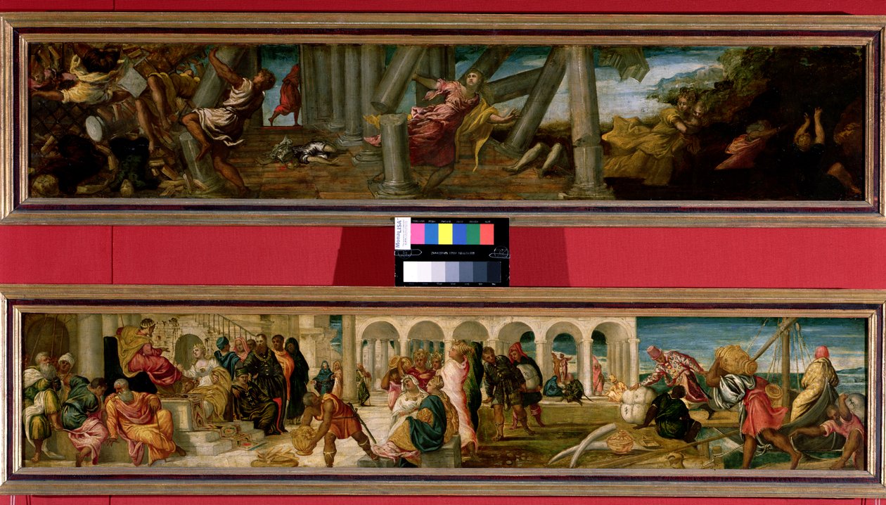 Sámson halála; Sába királynője Salamon király előtt (egy pár), 1543 alkotó: Jacopo Robusti Tintoretto