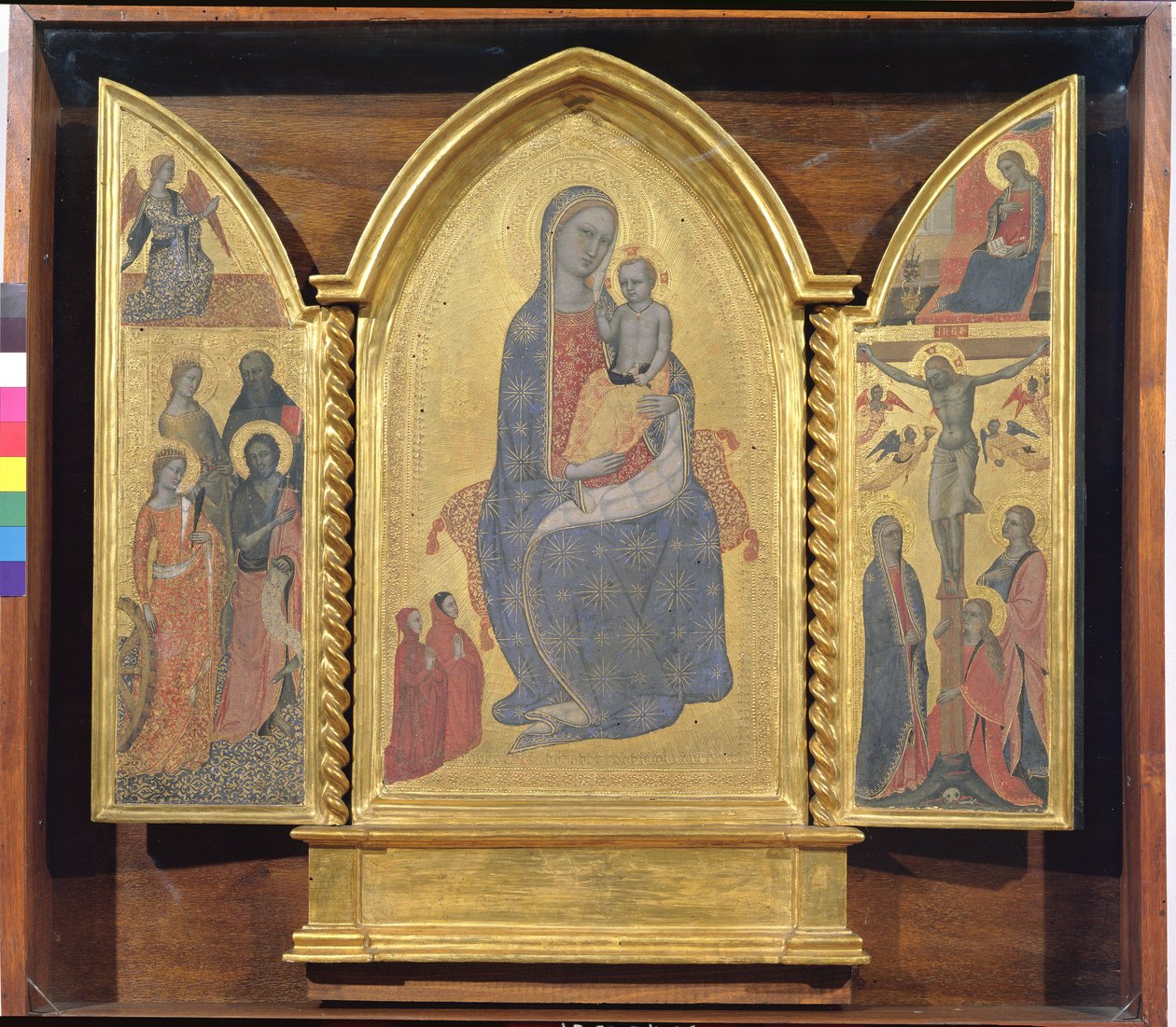 Szűzanya és gyermeke, keresztre feszítés és keresztrefeszítés (tempera, tábla) alkotó: Jacopo di Cione