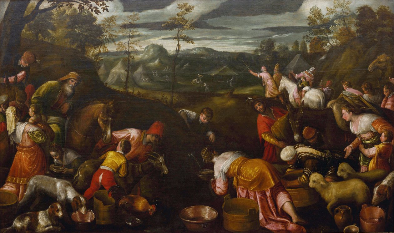 Mózes feltűnő víz a sziklából par Bassano, Jacopo, az idősebb (kb. 1510-1592) (Jacopo da Ponte). Olajfestmény alkotó: Jacopo Bassano