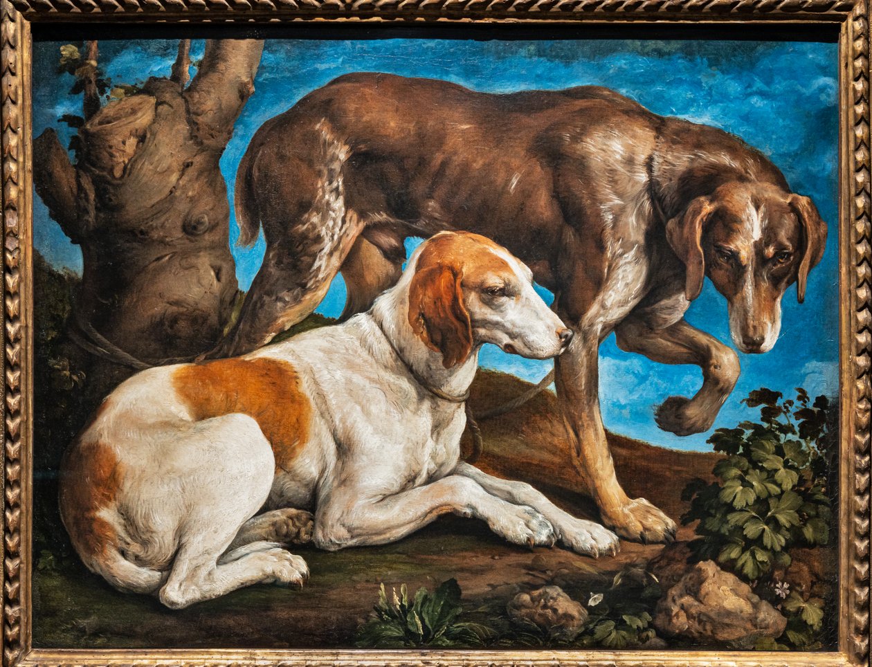 Két kutya portréja egy rönkhöz kötve alkotó: Jacopo (1510 92) Bassano