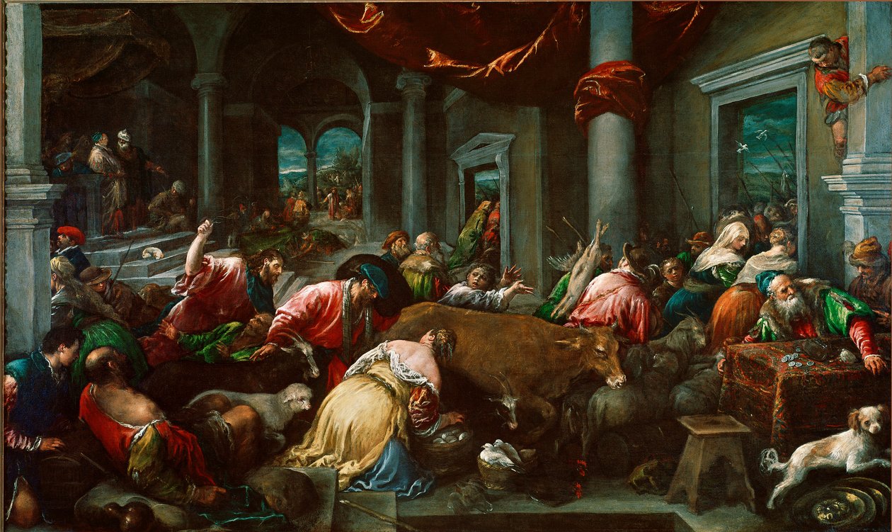 A templom megtisztulása vagy „Krisztus, aki a kereskedőket kergeti a templomból”” Jacopo Da Ponte dit Jacopo Bassano festménye (1517 körül-1592) V. 160x265 cm London, Nemzeti Galéria alkotó: Jacopo Bassano