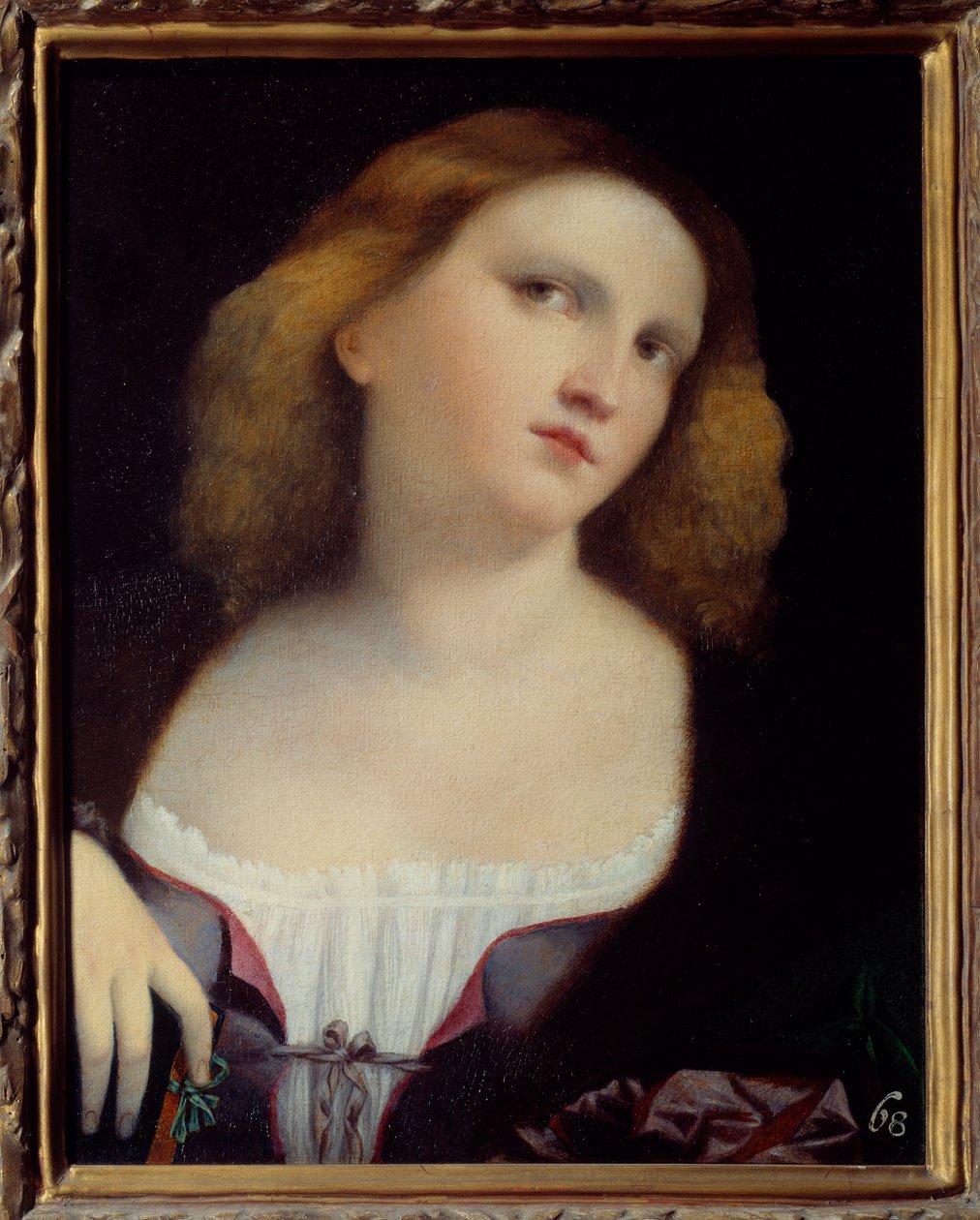 Női portré Jacopo Palma il Vecchio (1480-1528) vászonra transzponált fára festménye 1513 Dim. 0,48 x 0,38 m Lyon, Musee des Beaux Arts alkotó: Jacopo (c.1480 1528) Palma