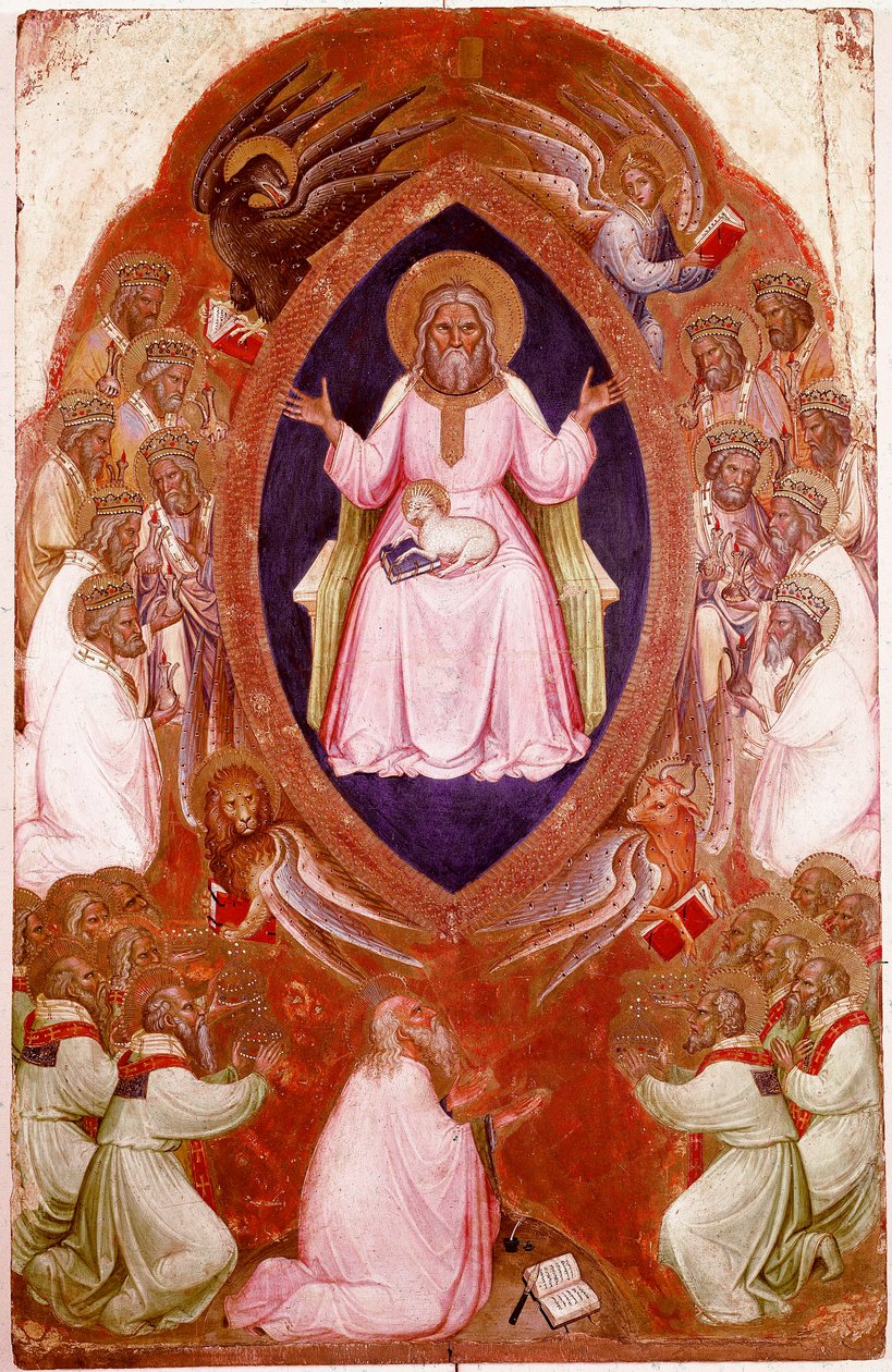 A Jelenések Poliptichonjának központi táblája: Szent János evangélista látomása. Detrempe fán Jacobello Alberegno (1367-1397 kb.) 1360-1390. Gallerie dell