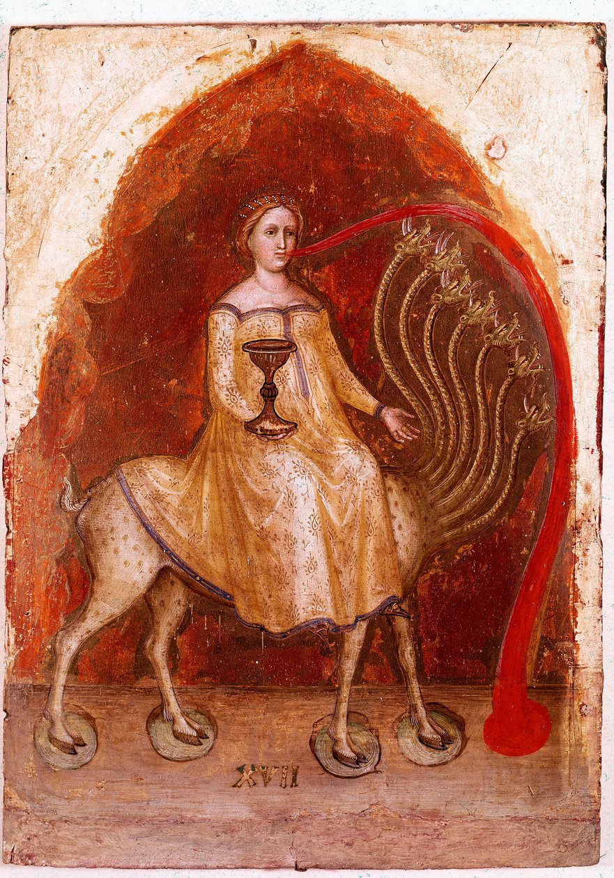 A Jelenések Poliptichonjának bal oldali panele: a bétának hét feje van, és a rajta ülő Nő gazdag prostituált. Detrempe fán Jacobello Alberegno (1367-1397 kb.) 1360-1390. Gallerie dell