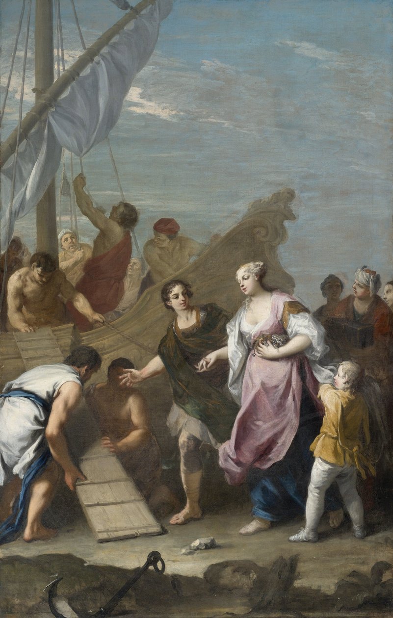 Trójai háború: „Helené elrablása” – Amigoni, Jacopo trójai Heléna hajóra lépése alkotó: Jacopo Amigoni