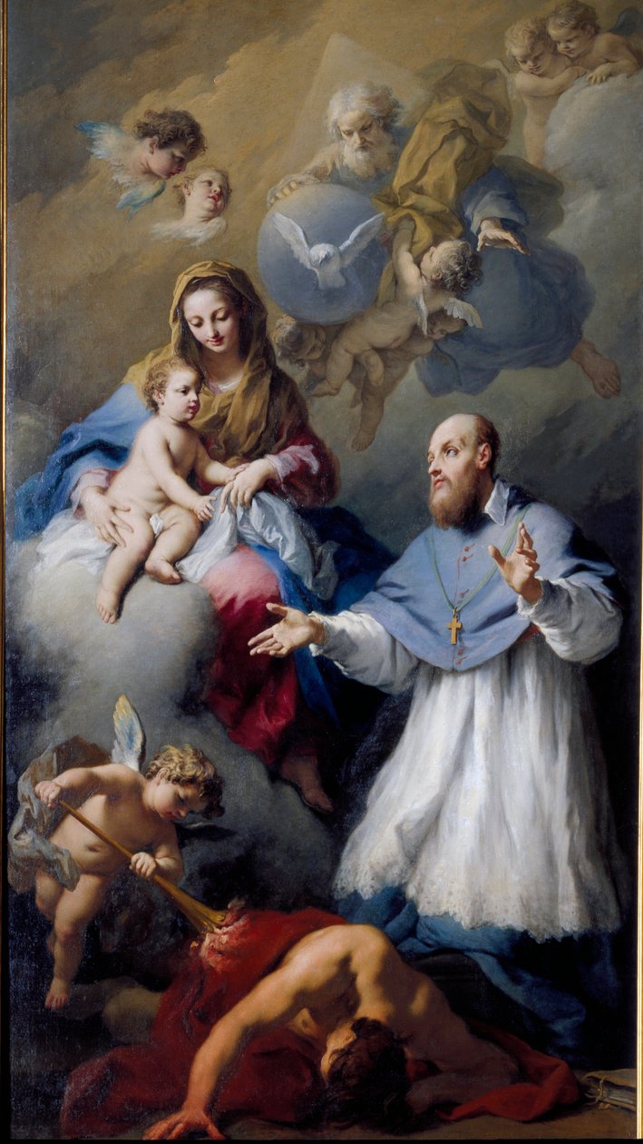Szűz és gyermek Saint Francois-de-Sales-szel (1567-1622), a Genf-i Szentháromság ábrázolása Jézus Krisztussal, Istennel és a Szentlélek galambjával. Jacopo Amigoni (1675-1752) festménye 1743 Velence, Santa Maria della Fava templom alkotó: Jacopo Amigoni