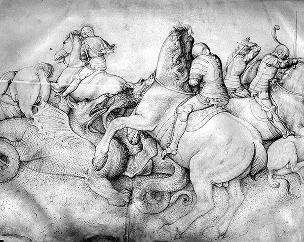 Csata sárkányok ellen, 1450 körül (tinta pergamen) alkotó: Jacopo Bellini