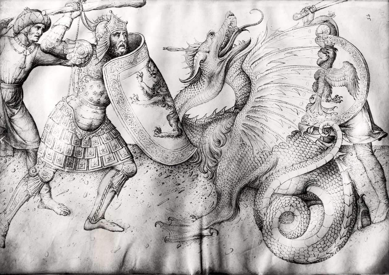 Harcosok és egy sárkány csatája, 1450 körül (tinta pergamenre) alkotó: Jacopo Bellini