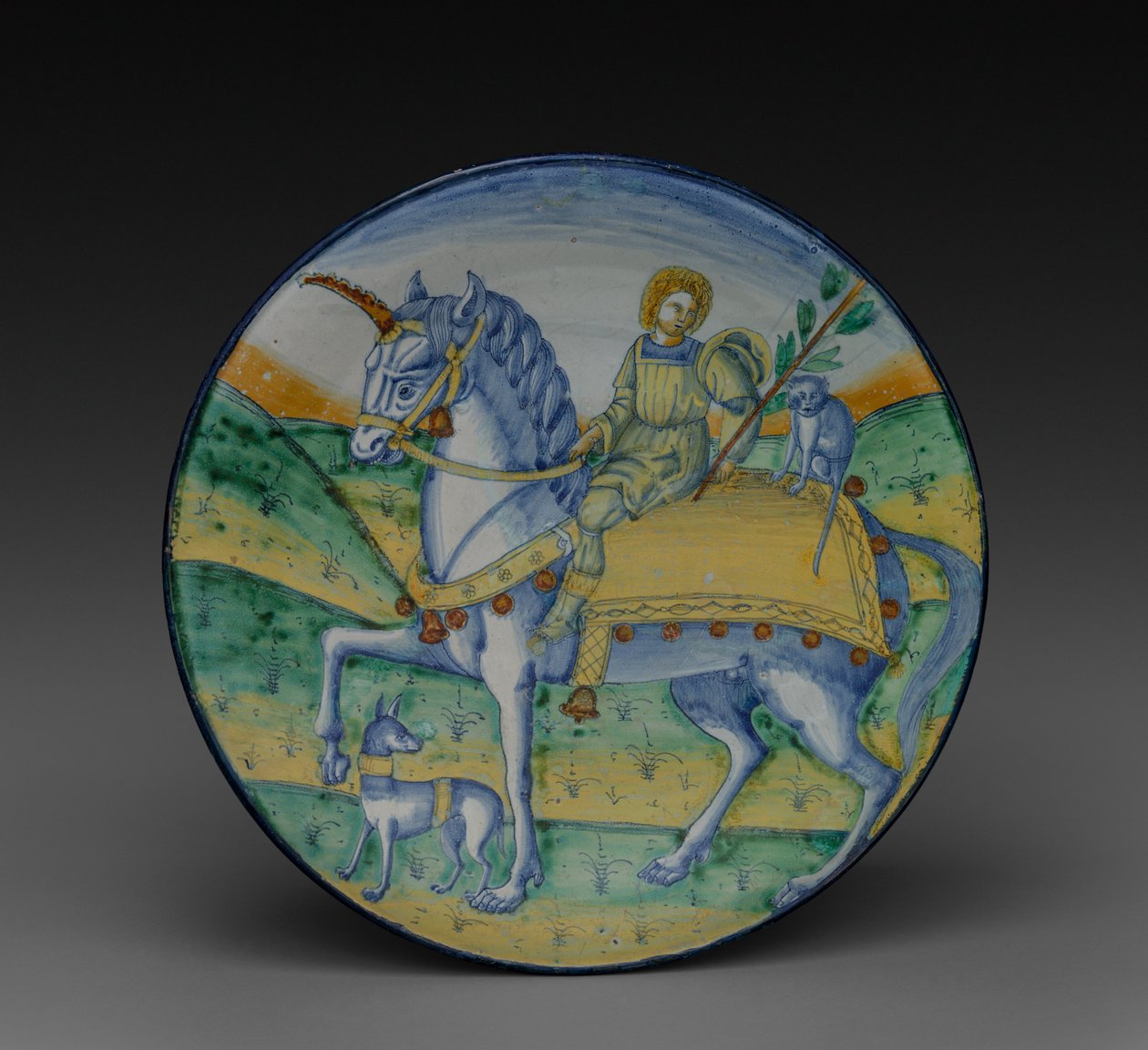 Lemez: Unikornison lovagló ember, c. 1510. alkotó: Jacopo Caffagiolo