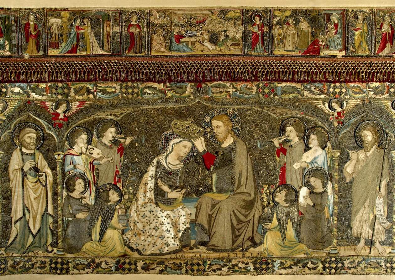 A Szűz megkoronázása nyolc angyal és tizennégy szent között (egyházi hímzés) Cambi-ban, Jacopo (aktív 1336 körül) alkotó: Jacopo Cambi
