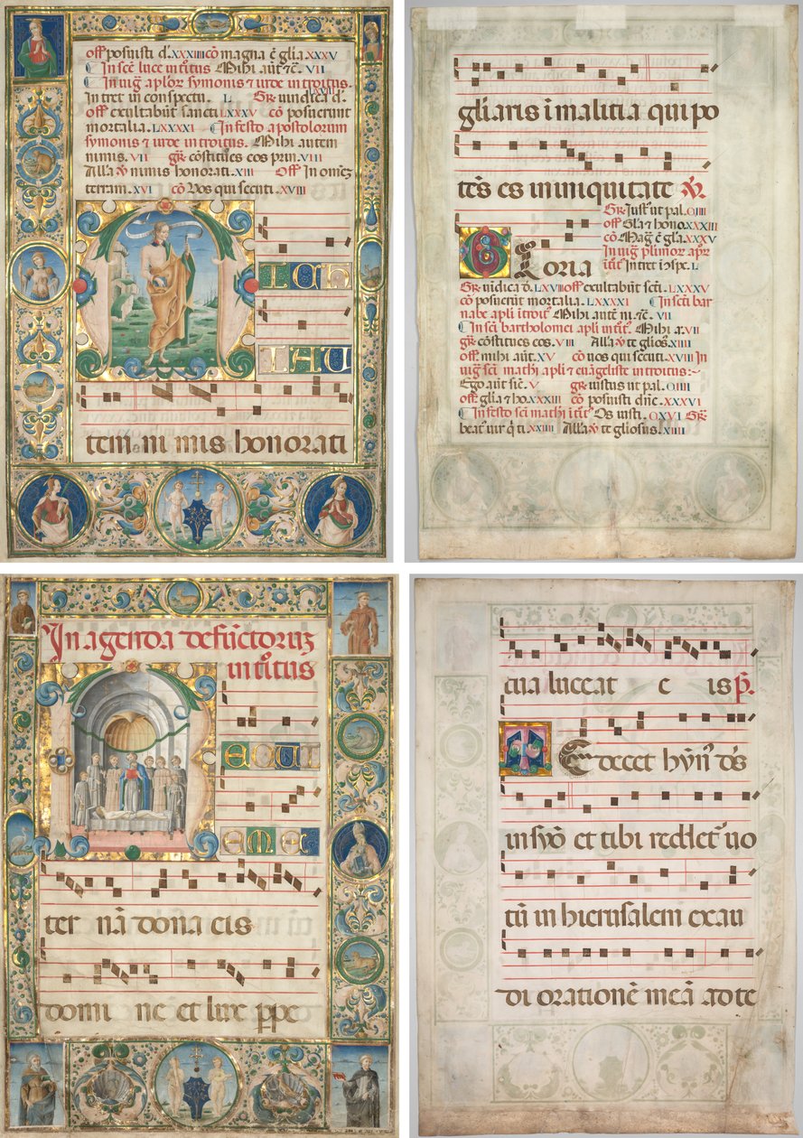 Graduális pár: kezdőbetű (M) Szent Andrással (recto) és mise a halottakért (recto) alkotó: Jacopo Filippo d