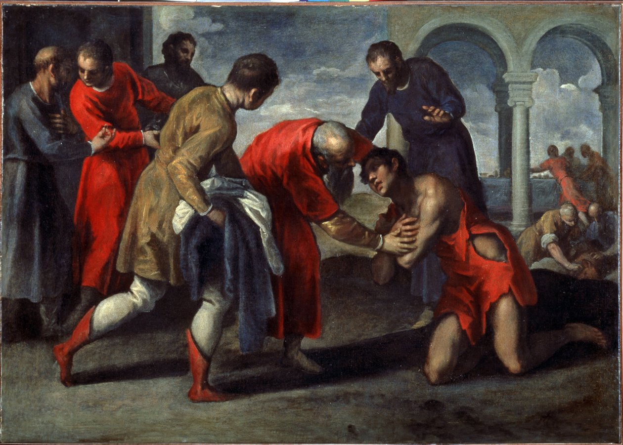 A tékozló fiú visszatérése. Fiatal Jacopo Palma il Giovane festménye (1544-1628), 1600 után. Olaj, vászon. Olasz művészet, manierista stílus. Galleria dell