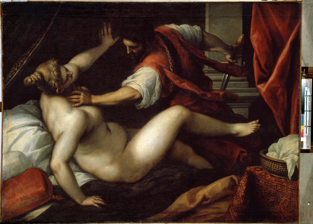 Tarquin és Lucretia (Tarquinius és Lucretia). Sextus Tarquinius megerőszakolja Lucretiust, ez az esemény a monarchia bukásához és a köztársaság kezdetéhez vezetett volna az ókori Rómában, ie 509-ben. Jacopo Palma il Giovane festménye (A fiatalok alkotó: Jacopo Il Giovane Palma
