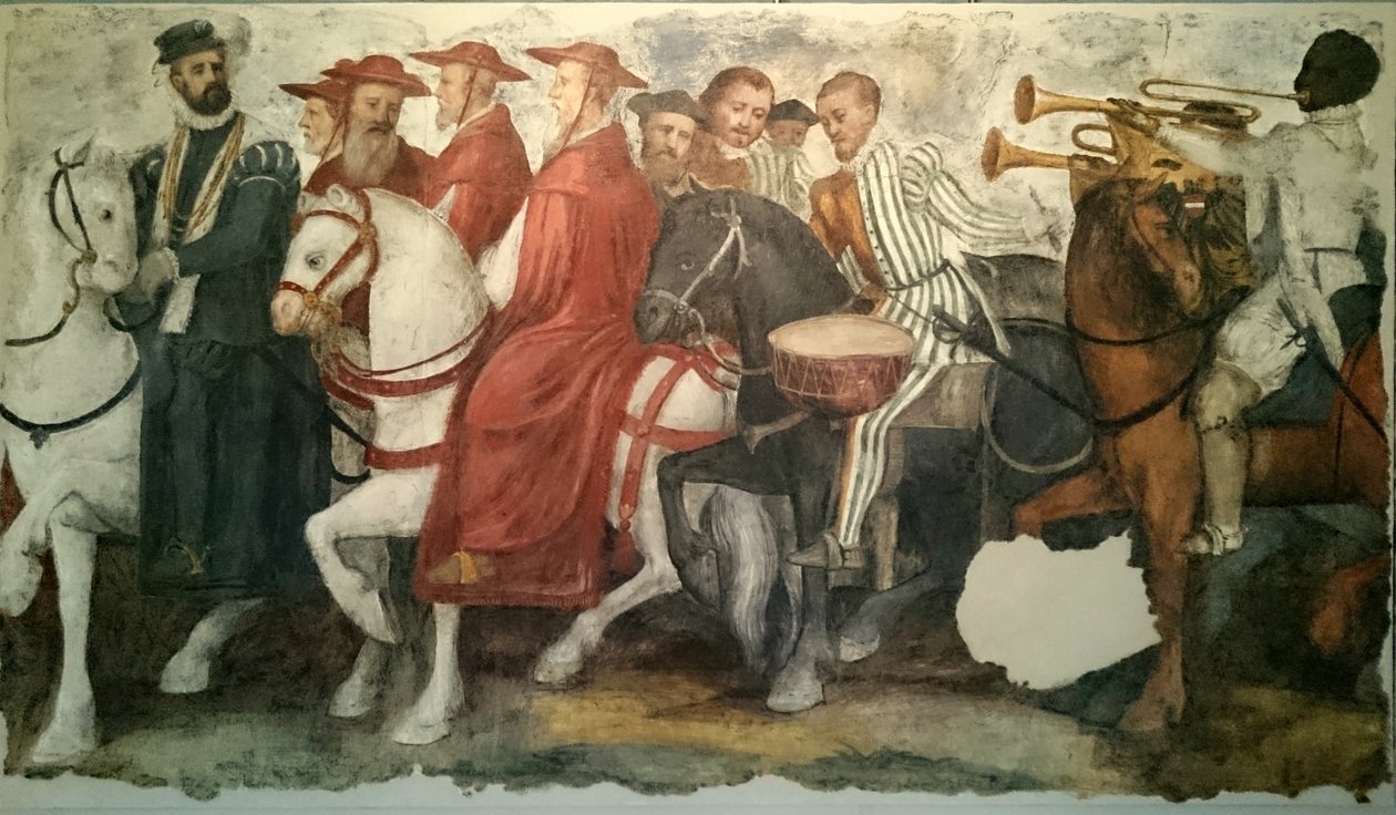 V. Károly és VII. Kelemen kavalkádja: Nassaui Henrik a burgundi aranygyapjú gallérját viseli, őt követik a püspökök, prelátusok és trombitások. alkotó: Jacopo Ligozzi