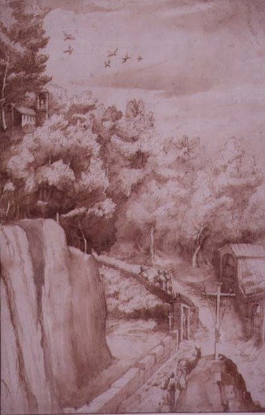 PD.52-1997 Kilátás a La Verna kolostorra, a kolostorhoz vezető útra, 1607-12 körül (mosás, toll és tinta papíron) alkotó: Jacopo Ligozzi