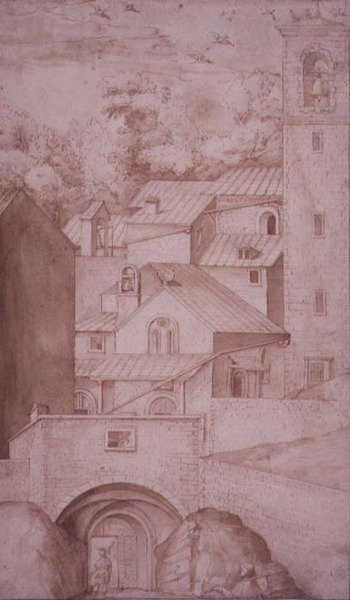 PD.53-1997 Kilátás a La Verna kolostorra, a bejárati kapura és a harangtoronyra, c.1607-12 (mosás, toll és tinta papíron) alkotó: Jacopo Ligozzi