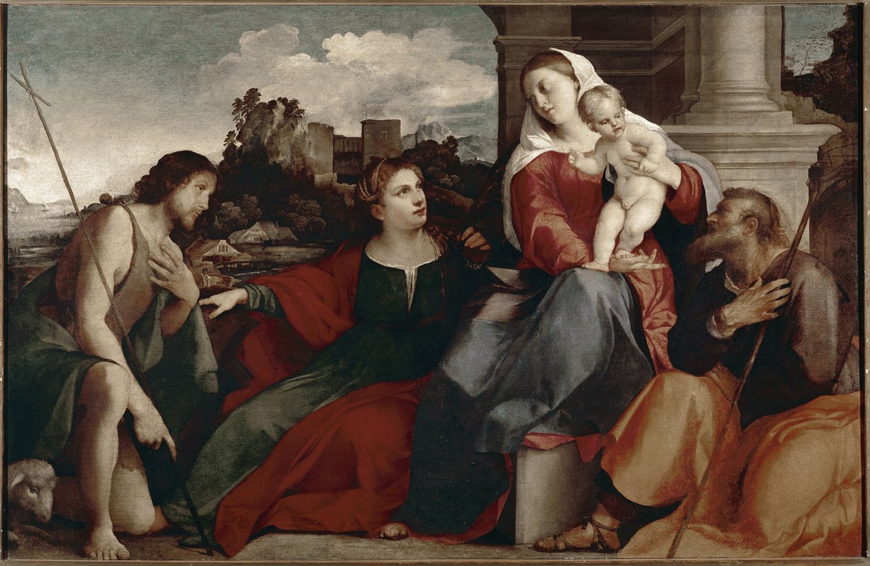 Szent beszélgetés. A Szent Család ábrázolása Sienai Szent Katalinnal és Keresztelő Szent Jánossal. Jacopo Negretti festménye Palma il vecchio-ban alkotó: Jacopo Palma