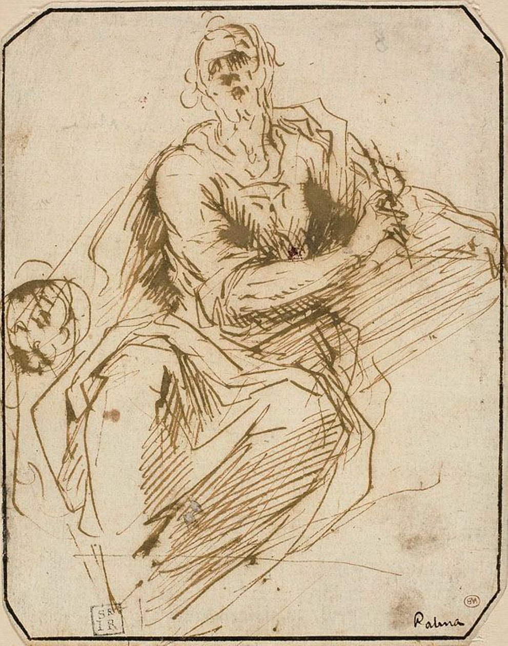 Tanulmány Szent Márk számára (recto); Félhosszú férfialak vázlata, felfelé jobbra nézve (fordítva) alkotó: Jacopo Palma il Giovane