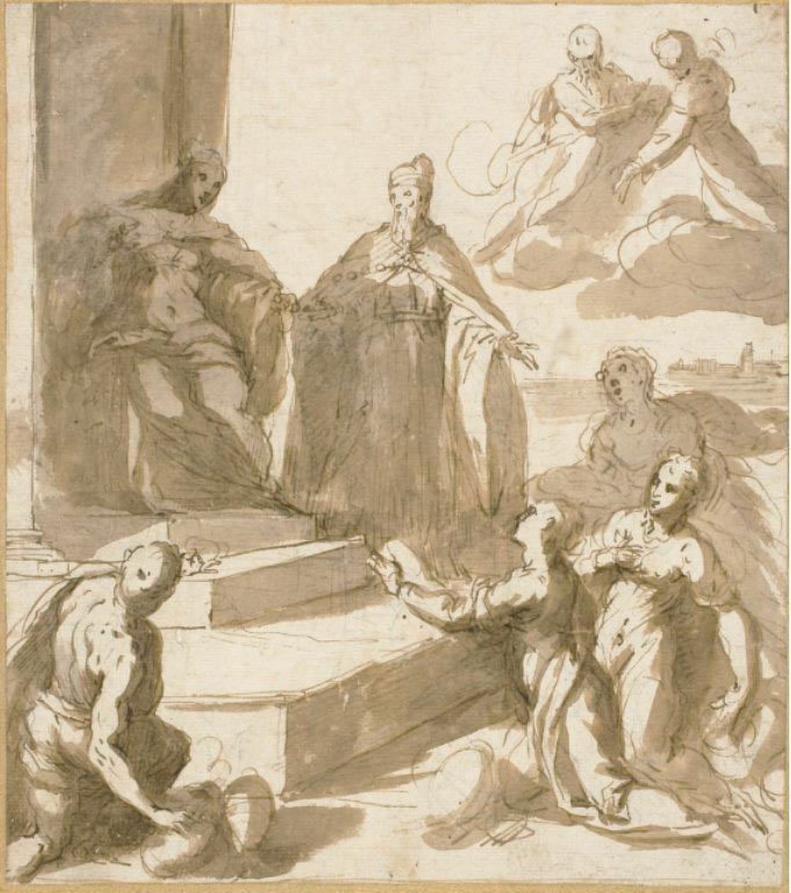 Tanulmány Velencének, ahol tiszteletet és ajándékokat kap Bresciából, Udine-ból, Padovából és Veronából, Francesco Venier dózsával. alkotó: Jacopo Palma il Giovane