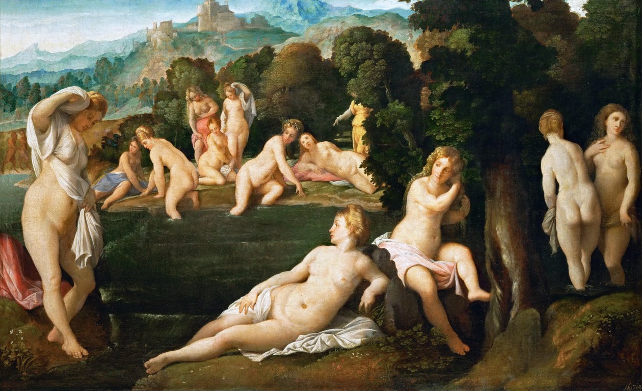 Nimfák fürdőzése, 1528 körül alkotó: Jacopo Palma il Vecchio the Elder