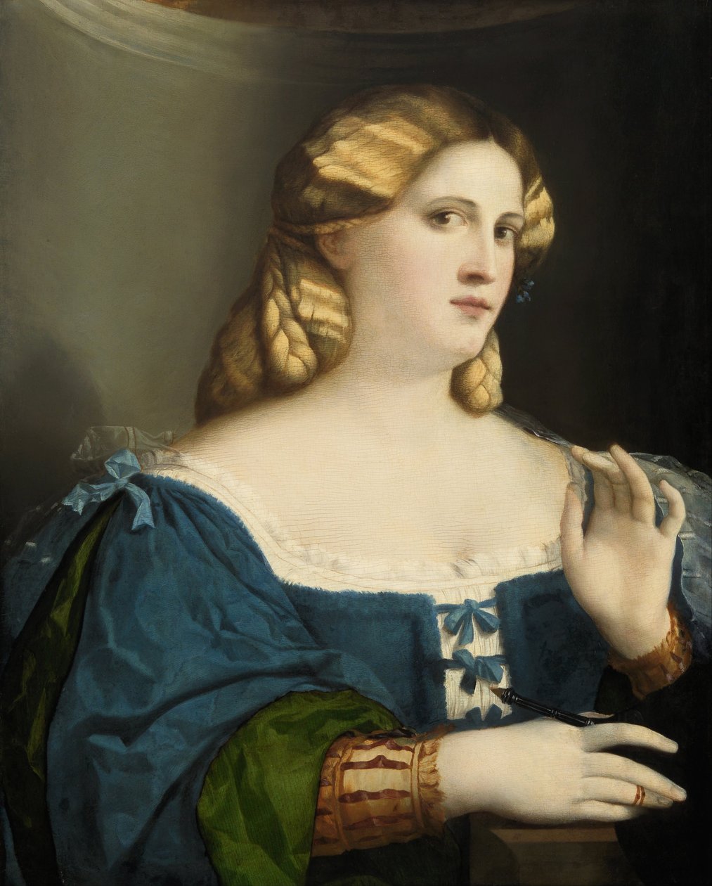 Fiatal nő kék ruhában, legyezővel, 1512-1514 alkotó: Jacopo Palma il Vecchio the Elder