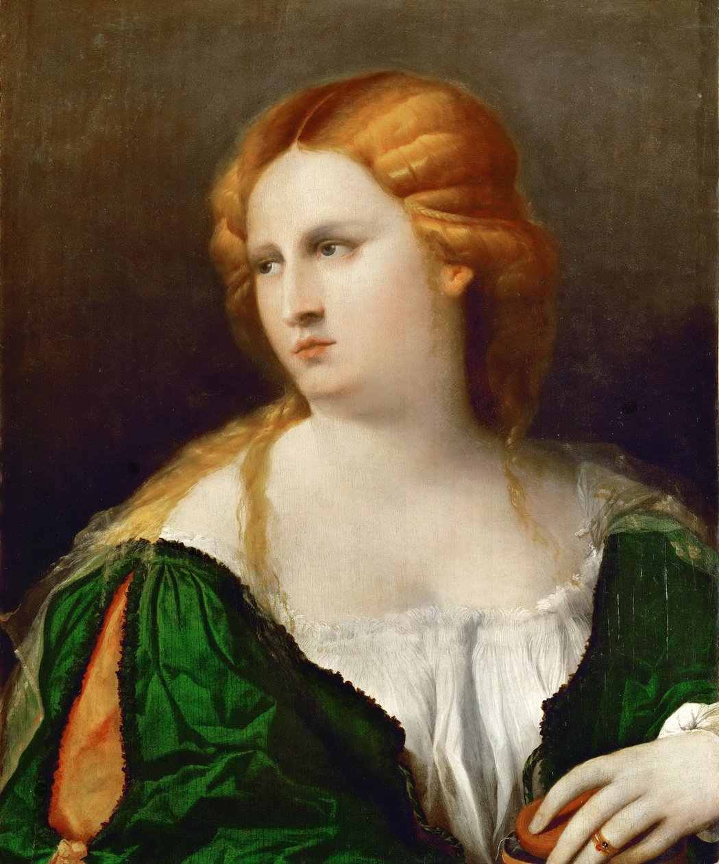 Fiatal nő zöld ruhában, dobozzal a kezében, 1514 körül alkotó: Jacopo Palma il Vecchio the Elder
