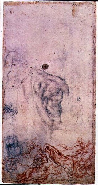 Tanulmány Cosimo I Giovinetto portréjához, más, vonagló testekről szóló tanulmányokkal (fekete és vörös kréta papíron) alkotó: Jacopo Pontormo