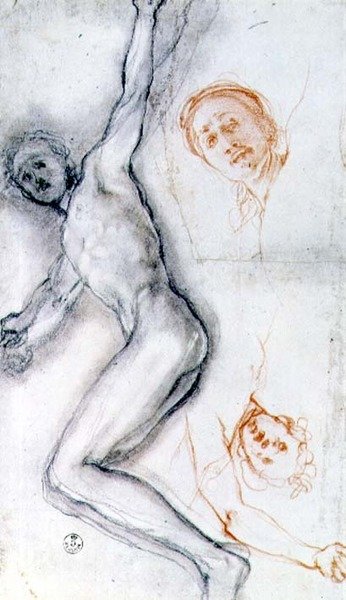 Tanulmány a keresztre szegezett Krisztusról, a fej kétszer gyakorolva (fekete és vörös kréta) alkotó: Jacopo Pontormo