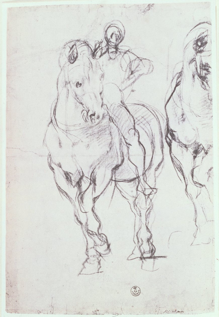Tanulmány egy lovasról az izraelitáknak, akik szomjukat oltják a sivatagban (kréta) alkotó: Jacopo Pontormo