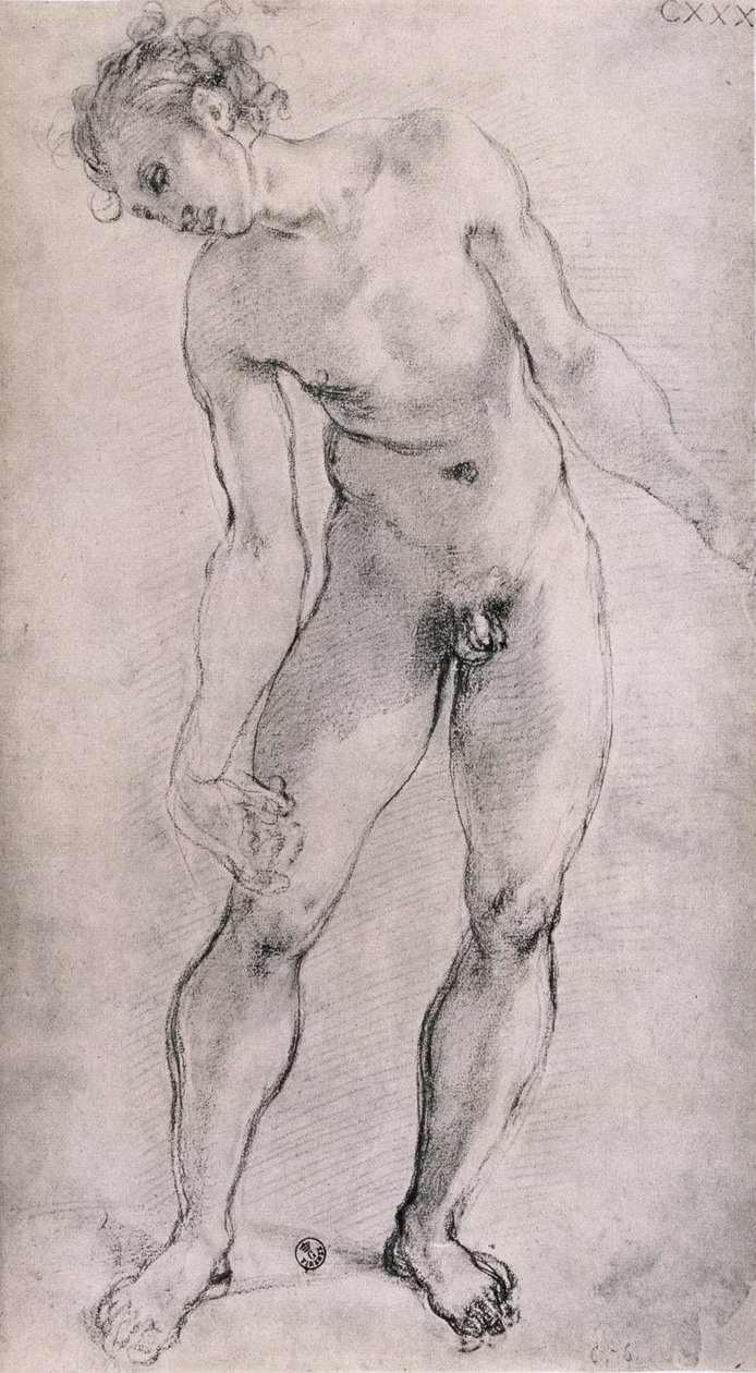 Férfi alak tanulmánya a "Letétel" oltárképhez a Capella Capponi, Santa Felicita, Firenze, 1525-27 (szén) alkotó: Jacopo Pontormo