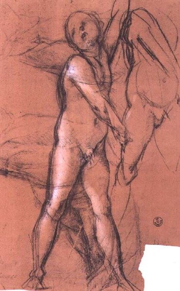 Tanulmány egy angyalról, aki függönyt tart a „Szent Család szentekkel” (Pucci-oltárkép), 1518 körül (szén) alkotó: Jacopo Pontormo