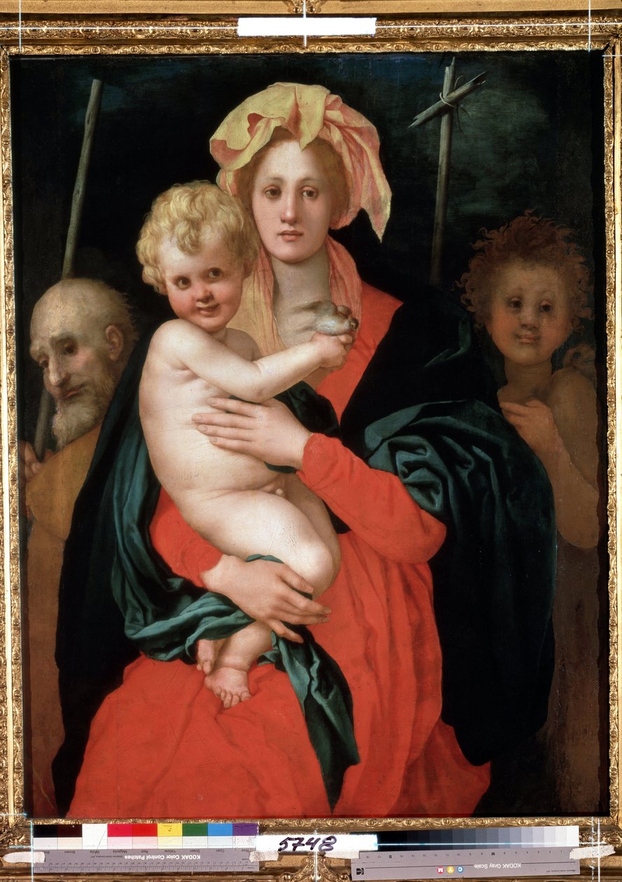 Szűz és Gyermek Szent Józseffel és Keresztelő Szent Jánossal (Madonna és Gyermeke Szent Józseffel és Keresztelő Jánossal). Krisztus madarat tart a kezében. Jacopo (Iacopo) Carrucci dit il Pontormo (Pontorme) festménye (1494-1557), 1520 körül. Művészeti fló alkotó: Jacopo Pontormo