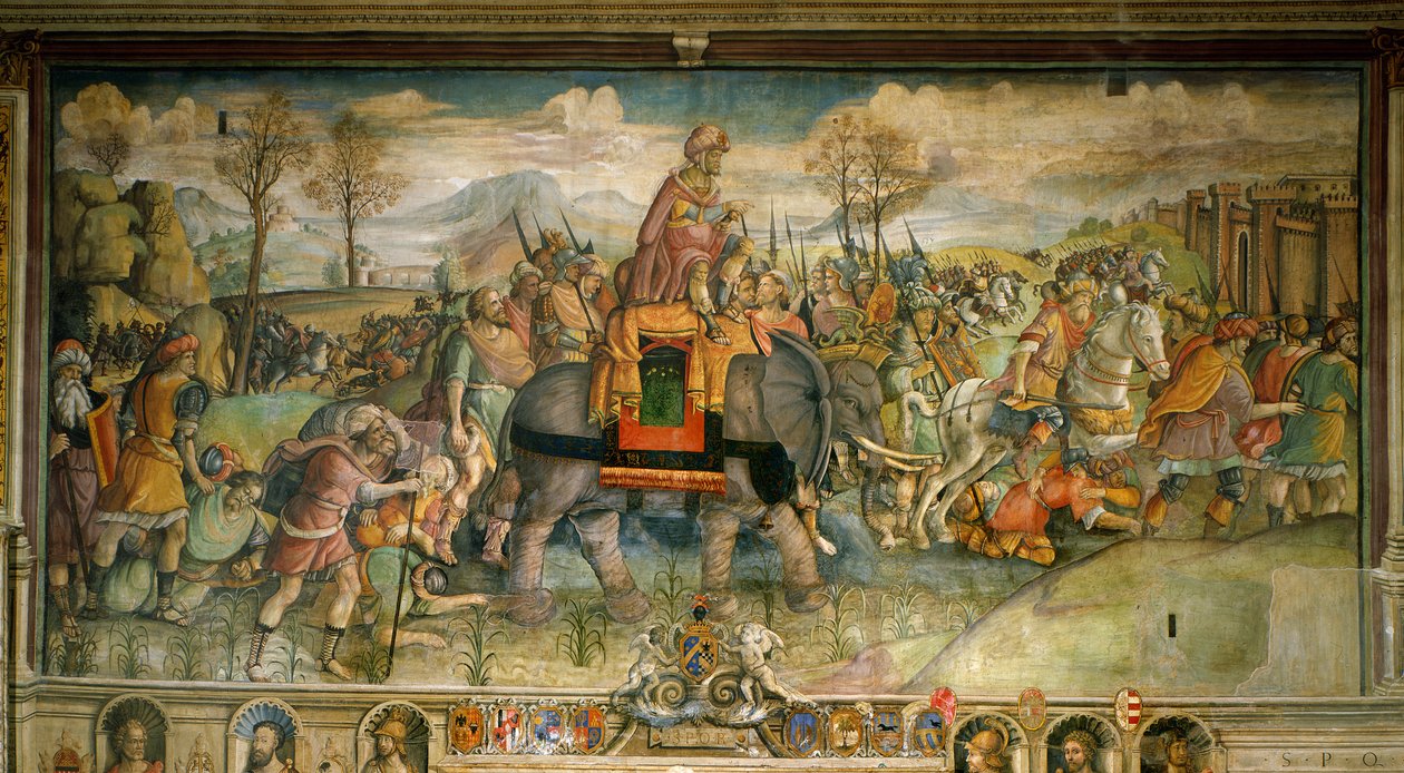 Freskó, amely Hannibált Olaszországba érkezését ábrázolja. Írta: Jacopo Ripanda. 16. század vége. Palazzo des Conservatori, Róma – Hannibál átkelt az Alpokon, ie 218, Jacopo Ripanda (aktív: 1500-1516 körül), 1510 körül, freskó a Conservatories Palace-ból,  alkotó: Jacopo Ripanda