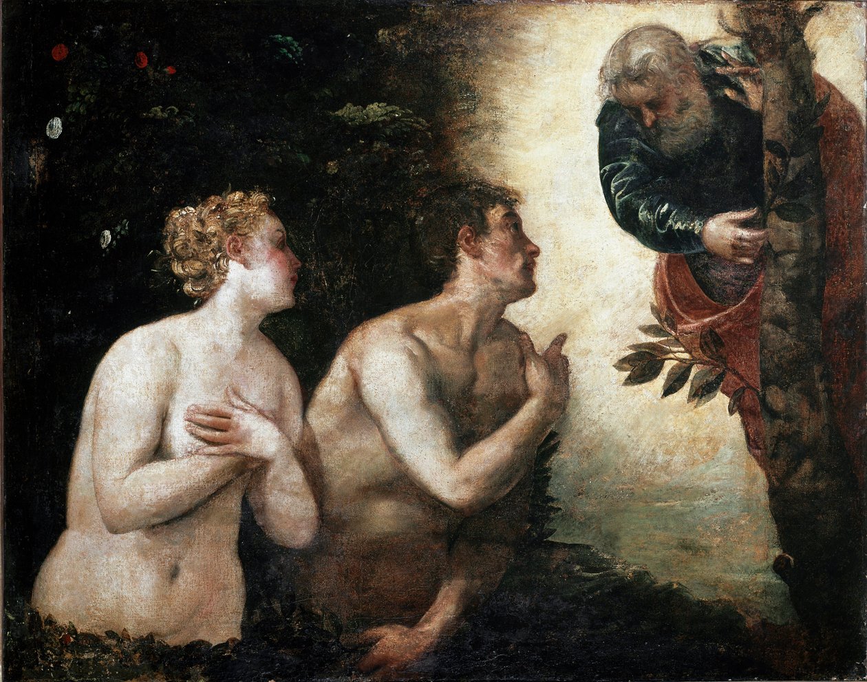 Ádám és Éva az Örök Atya című festményével néz szembe Jacopo Robusti festménye szerint a Tintoret (Tintoretto) (1518-1594) 1550-1553 V. 90x110 cm Firenze, Palazzo Pitti, Galleria Palatina alkotó: Jacopo Robusti Tintoretto