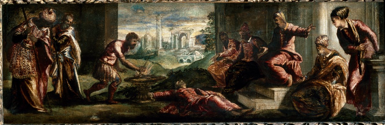 Caius Mucius Scaevola Porsenna előtt Caius Mucius Scaevola tűzbe dönti a kezét. (Festés alkotó: Jacopo Robusti Tintoretto
