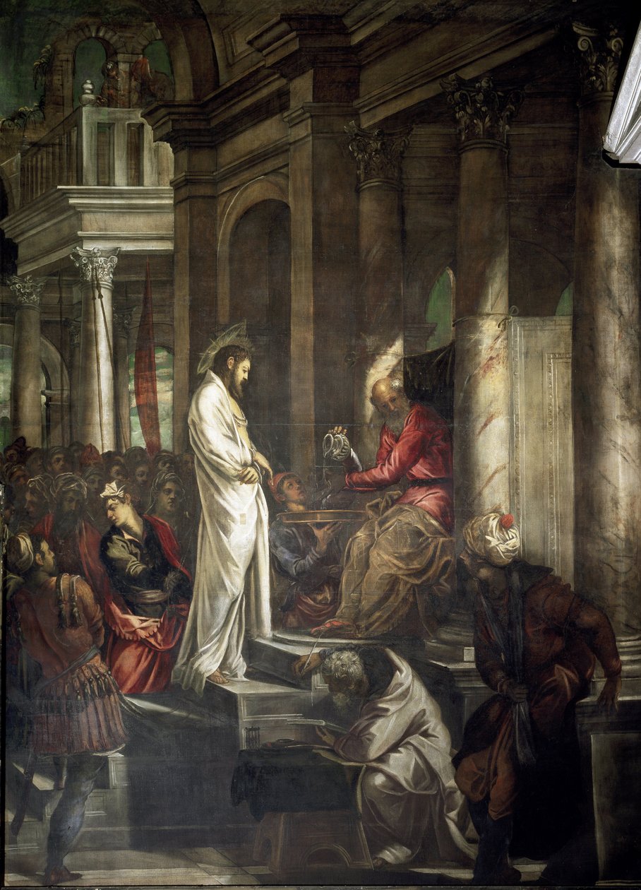 Krisztus Poncius Pilátus előtt Tintoretto (Jacopo Robusti) (Tintoret) festménye (1518-1594) 1566-1567 Méret 515x390 cm Velence Scuola di San Rocco Olaszország alkotó: Jacopo Robusti Tintoretto