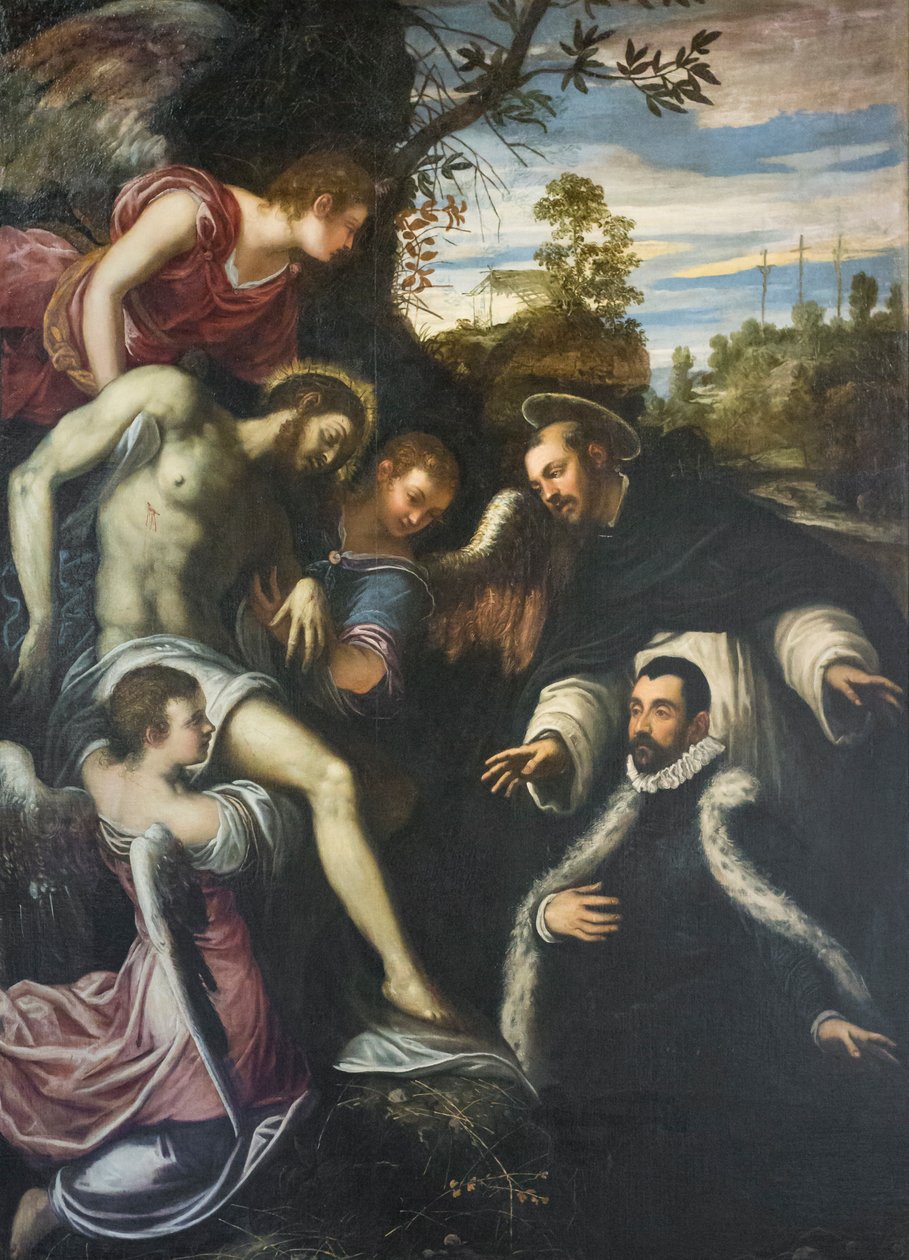 Három angyal, Szent Domonkos és az adományozó által támogatott halott Krisztus. alkotó: Jacopo Robusti Tintoretto