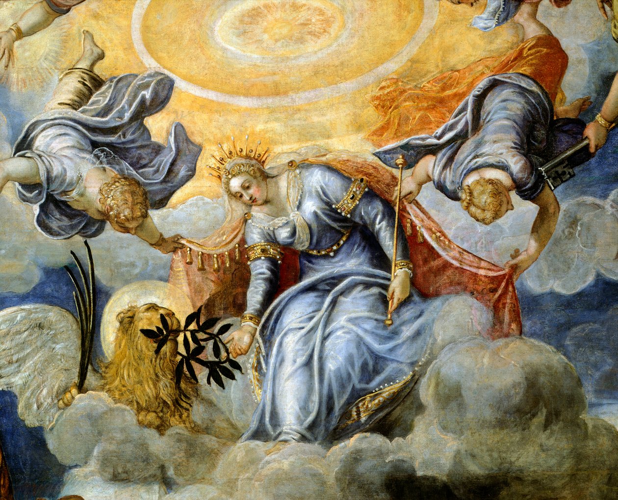Niccolo da Ponte dózse olajágat kap Velencétől, Jacopo Robusti, más néven Tintoretto (1518-1594), részlet, Sala del Maggior Consiglio (Nagytanács terme), Palazzo Ducale, Velence. alkotó: Jacopo Robusti Tintoretto