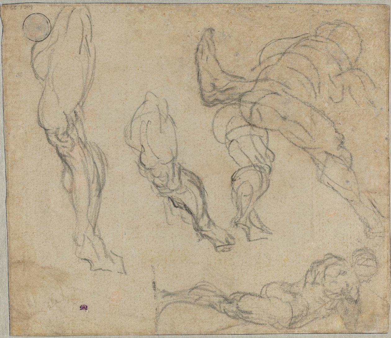 Figurák és lábak, 1575-80 (fekete kréta fektetett papíron) alkotó: Jacopo Robusti Tintoretto