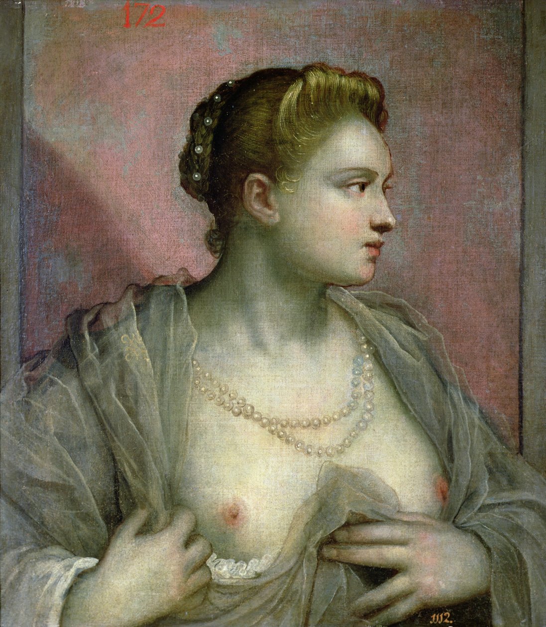 Melleit felfedő nő portréja, 1570 körül alkotó: Jacopo Robusti Tintoretto