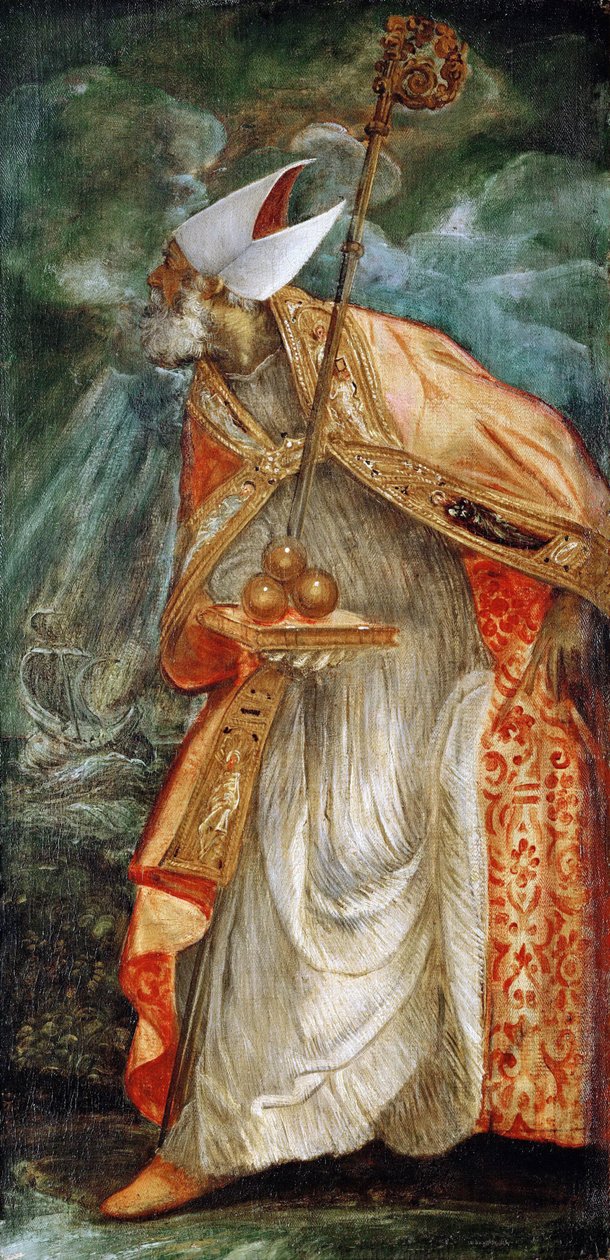 Bari Szent Miklós (Myrai Miklós) (270-345) - Bari Szent Miklós - Jacopo Tintoretto (1518-1594). Olaj, vászon, kb 1555. Mérete: 114x56 cm. Művészettörténeti Múzeum, Bécs alkotó: Jacopo Robusti Tintoretto